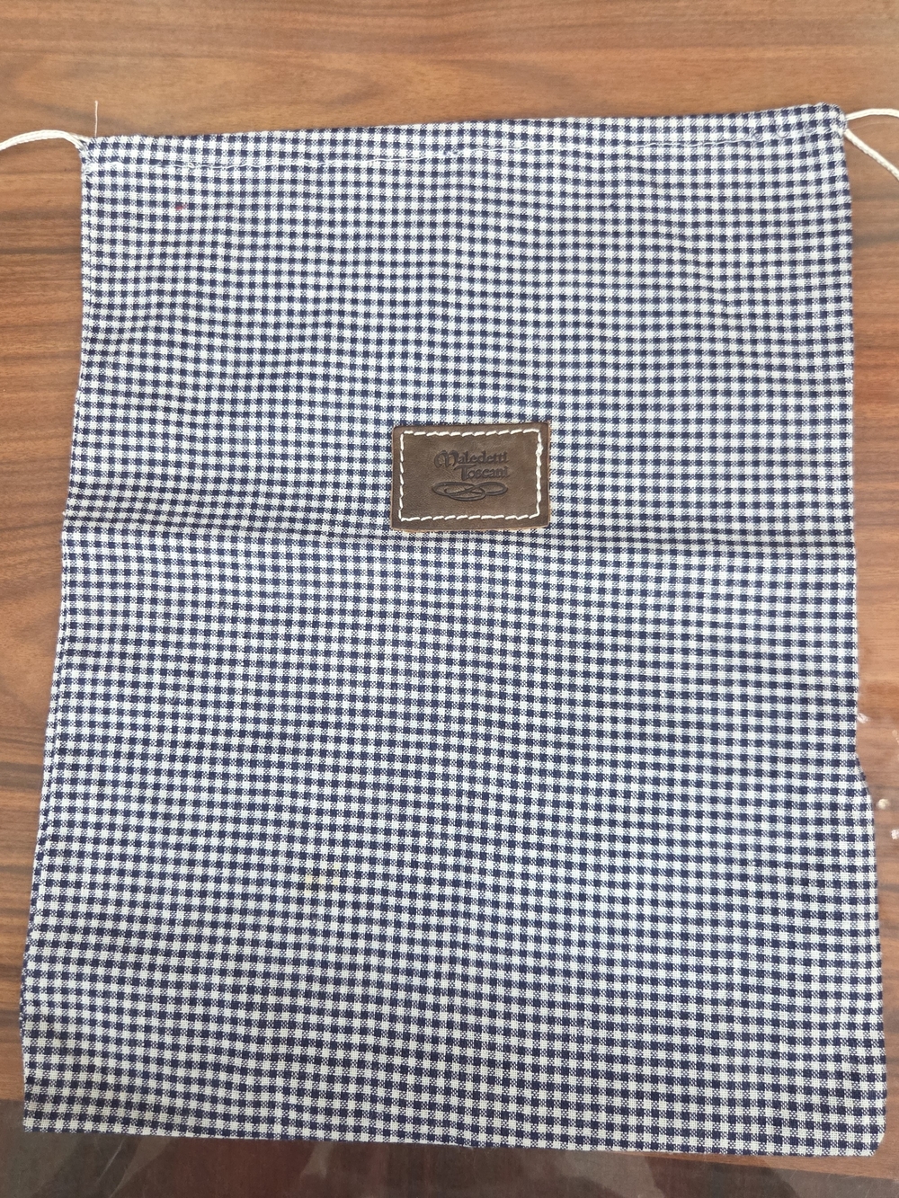 Navy Blue/White Gingham Drawstring Travel Pouch With Leather Logo Shoes Storage